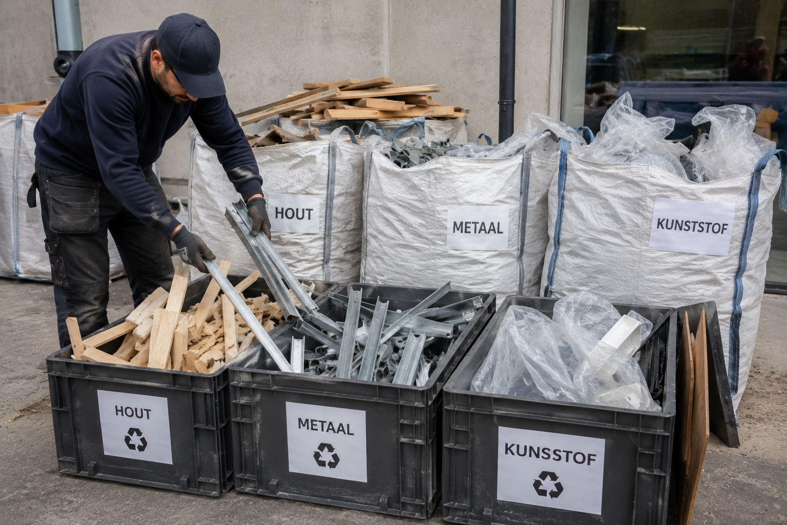 Ruimova sorteert bouwafval op de bouwplaats in hout, metaal en kunststof