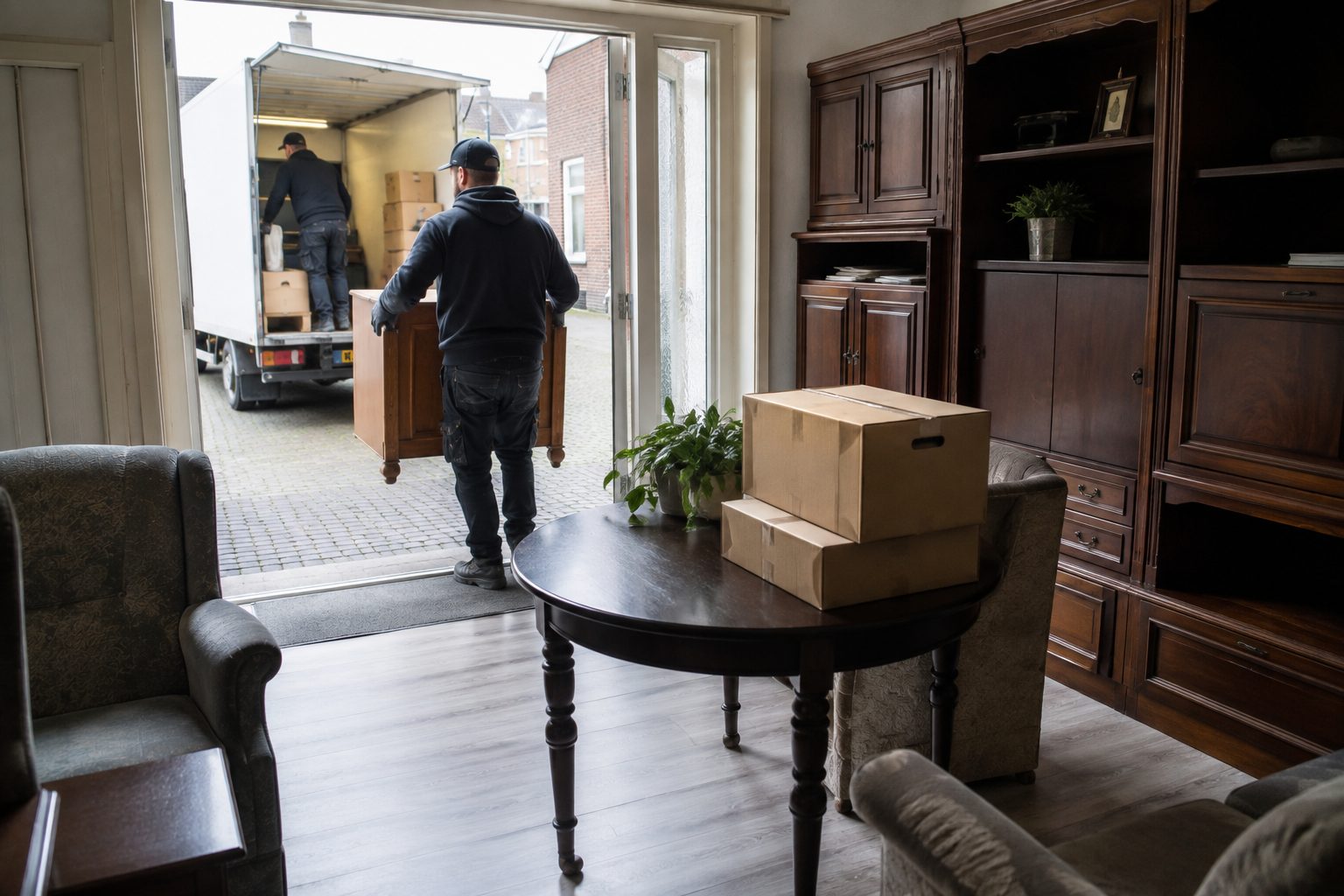 Inboedel wordt ingeladen bij een woningontruiming